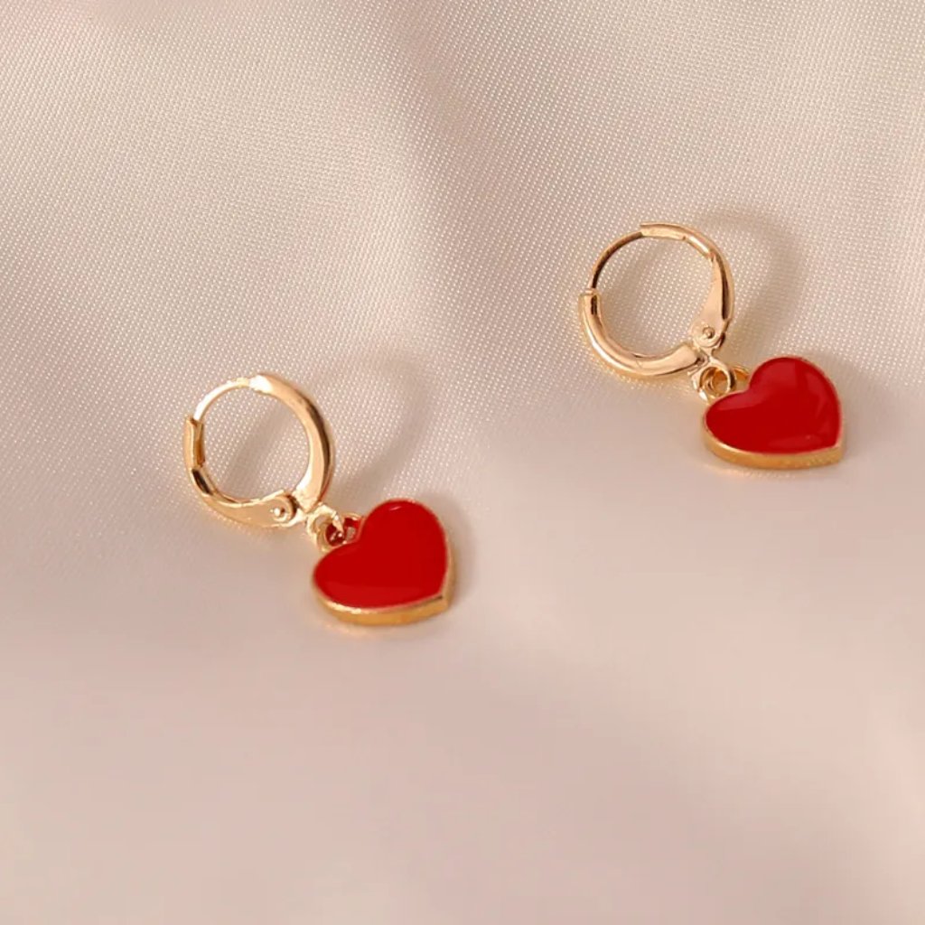 Gold Red Heart Charm Dangle Huggie Earrings New 15$
